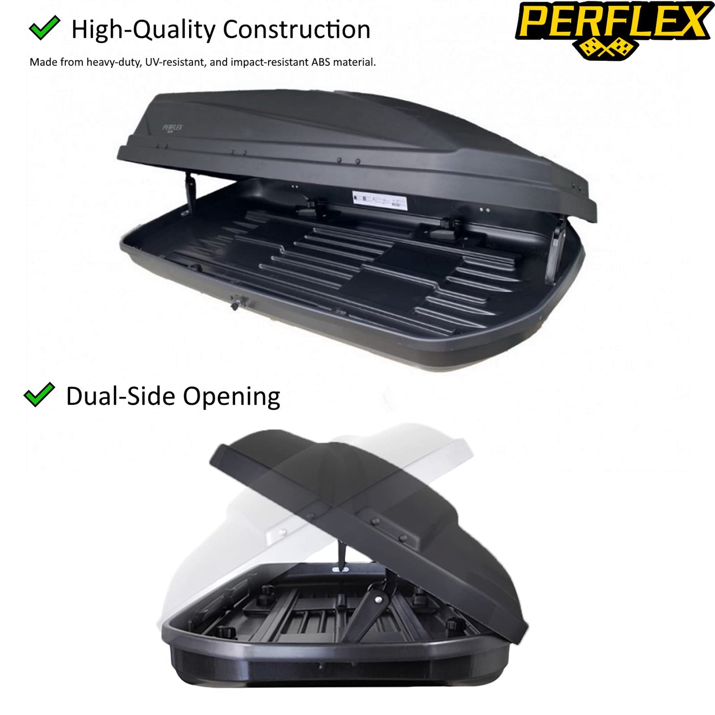 Perflex Exclusive Rooftop Cargo Box Carrier Large 17.7 Cubic Feet Car Top Mount Travel Luggage Storage, Dual Side Opening, 130 Lbs Weight Capacity, Extra Keys, Straps (Black)