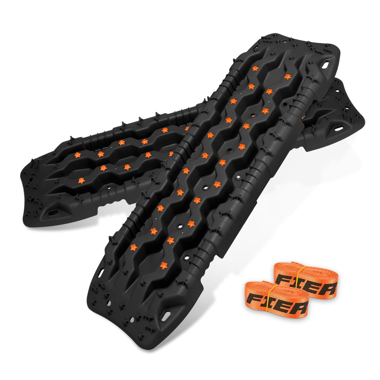 FIERYRED Large Off Road Traction Boards, Pair 44.88" L x 12" W Recovery Track Tire Traction Mat for Sand Mud Snow Vehicle Truck Jeep SUV, Traction Tracks, Black with Orange, GEN3