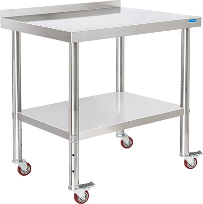 KUARBARR Stainless Steel Table for Prep & Work with 4 Caster Wheels with Backsplash 24 x 30 NSF Metal Commercial Kitchen Adjustable Under Shelf Worktable for Restaurant Home Outdoor