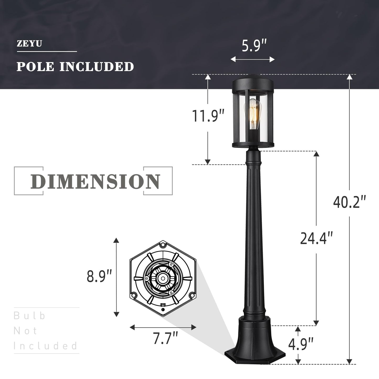 zeyu 40.2'' Modern Outdoor Post Light, Modern Exterior Pole Light, Pathway Light with Pole Mount Base, Black Metal Finish with Clear Glass Shade, ZW118PL BK