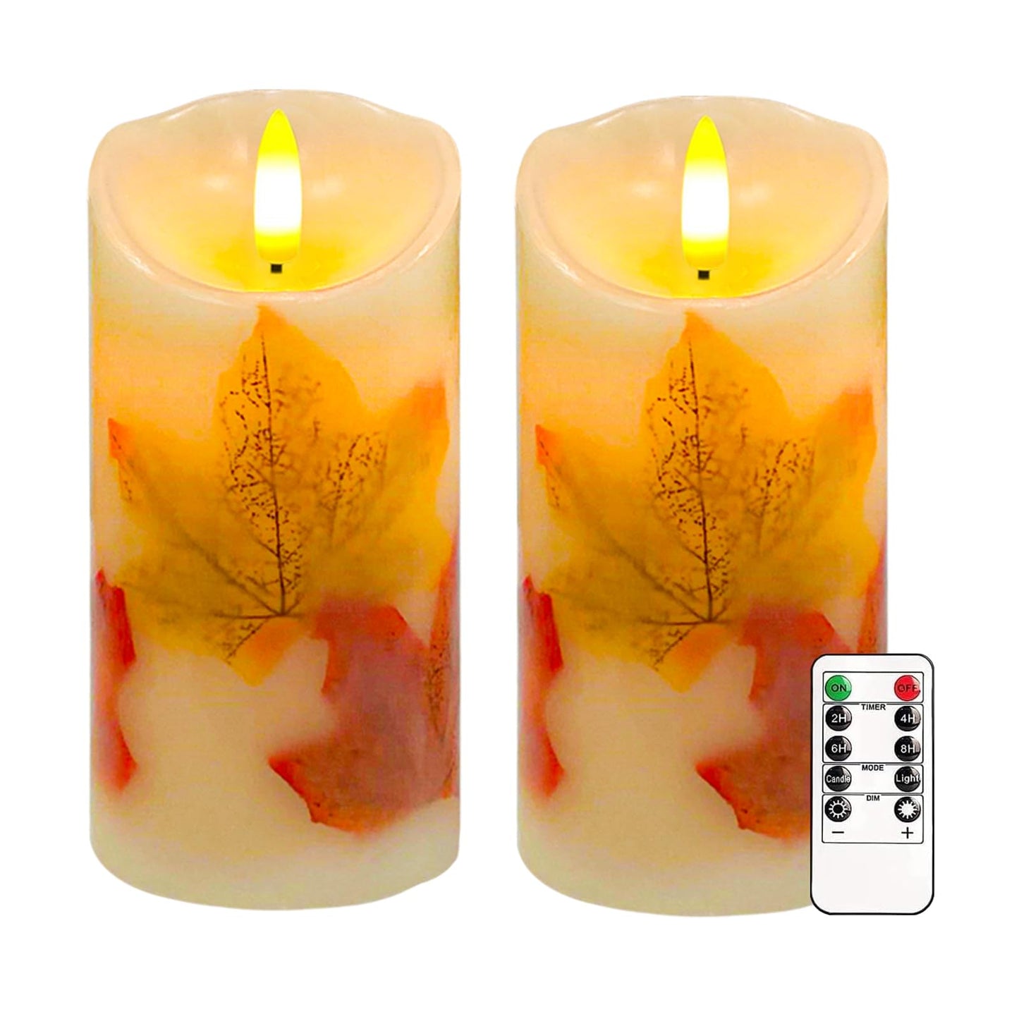 Flameless Candles Light, Set of 2 6"x3" Maple Leaf Flickering LED Candles with Remote & Timer, Dimmable Electric Pillar Candles Battery Operated, Fall Candles for Thanksgiving Harvest Autumn Decor