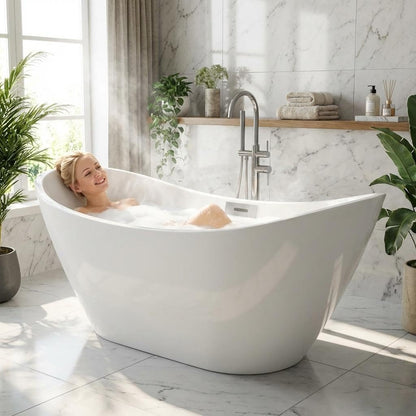 Garvee 67" Acrylic Freestanding Bathtub, Modern Deep Soaking Tub, cUPC Certified Free Standing Tub, Chrome Drain/Overflow, White Acrylic, Sky White