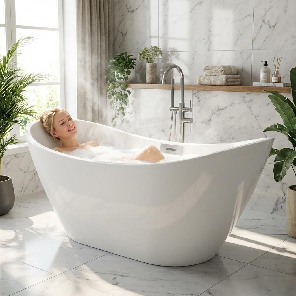 67" Acrylic Freestanding Bathtub, Contemporary Double-Walled Insulated Soaking Tub with Anti-Clog Drain & Overflow, cUPC Certified Heavy-Duty Resin Reinforcement, White