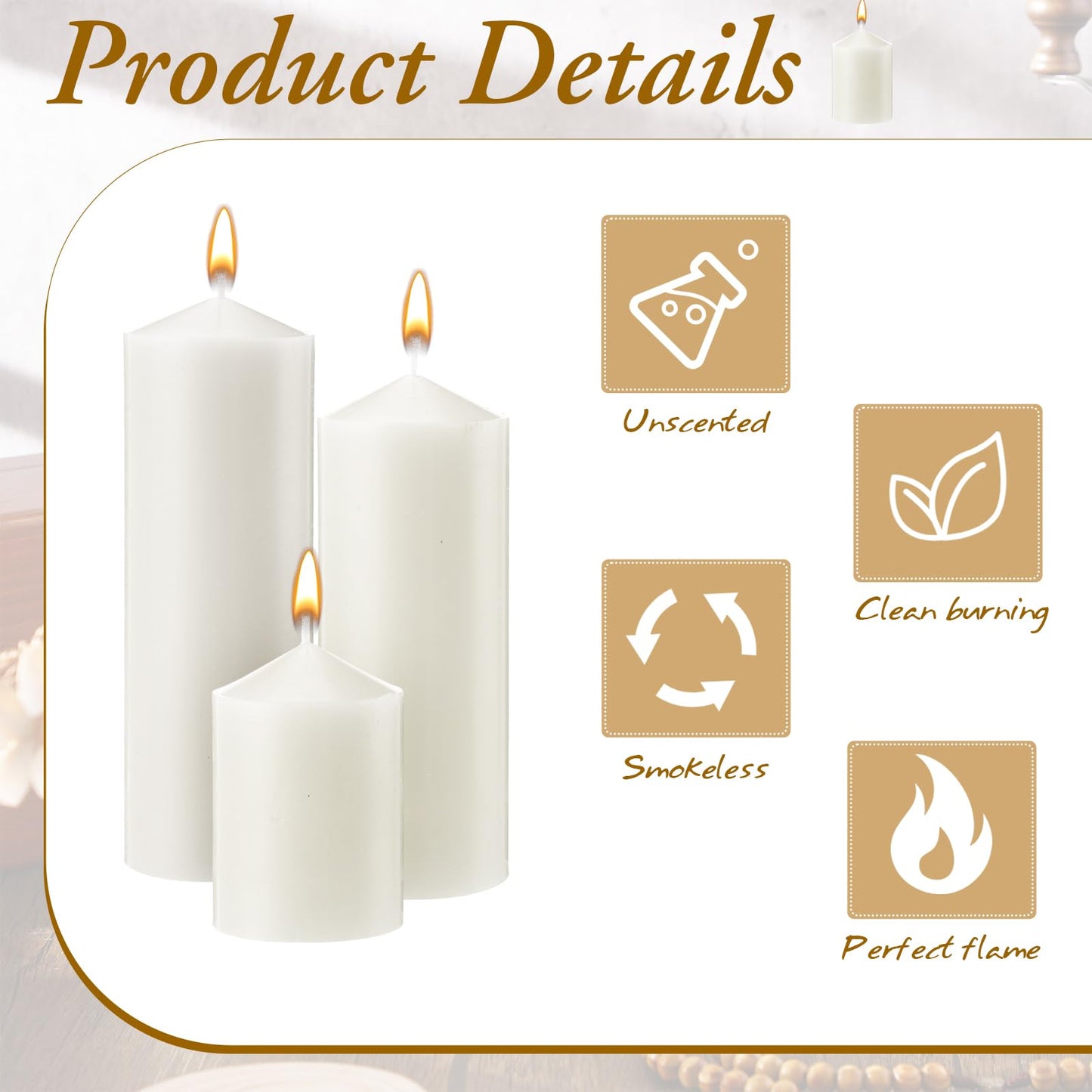 MTLEE 6 Pcs Pillar Candles 3 Set 2 in x 3, 6, 8 Inch Smokeless Dripless Unscented Pillar Candles Long Clean Burning Wax for Wedding Dinner Party Spa Emergency Ceremony Home Decor(White)