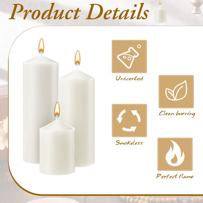 MTLEE 6 Pcs Pillar Candles 3 Set 2 in x 3, 6, 8 Inch Smokeless Dripless Unscented Pillar Candles Long Clean Burning Wax for Wedding Dinner Party Spa Emergency Ceremony Home Decor(White)