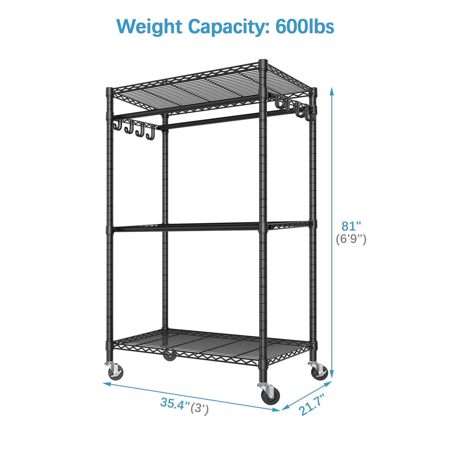 VIPEK R2 Pro Rolling Garment Rack 2-Sided Hanging Heavy Duty Clothes Racks With Wheels Adjustable Shelves Hanging Rods Metal Portable Closet Storage Freestanding Clothing Rack, Max Load 600lbs, Black