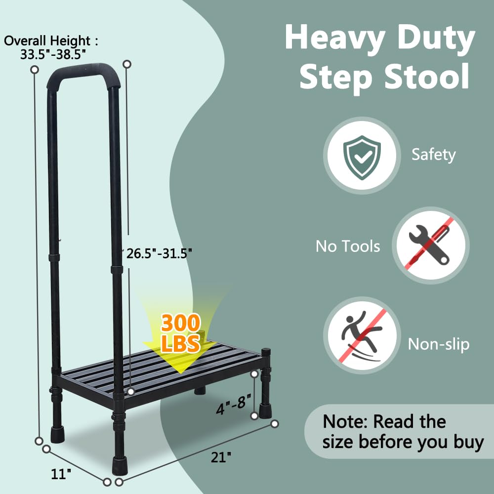 Medical Step Stool with Handle for Elderly, Stepping Stool Bedside Assist Steps for High Beds Adults Seniors, Safety Car SUV Handicap Foot Platform with Handrail, Heavy Duty Adjustable Bed Ladder