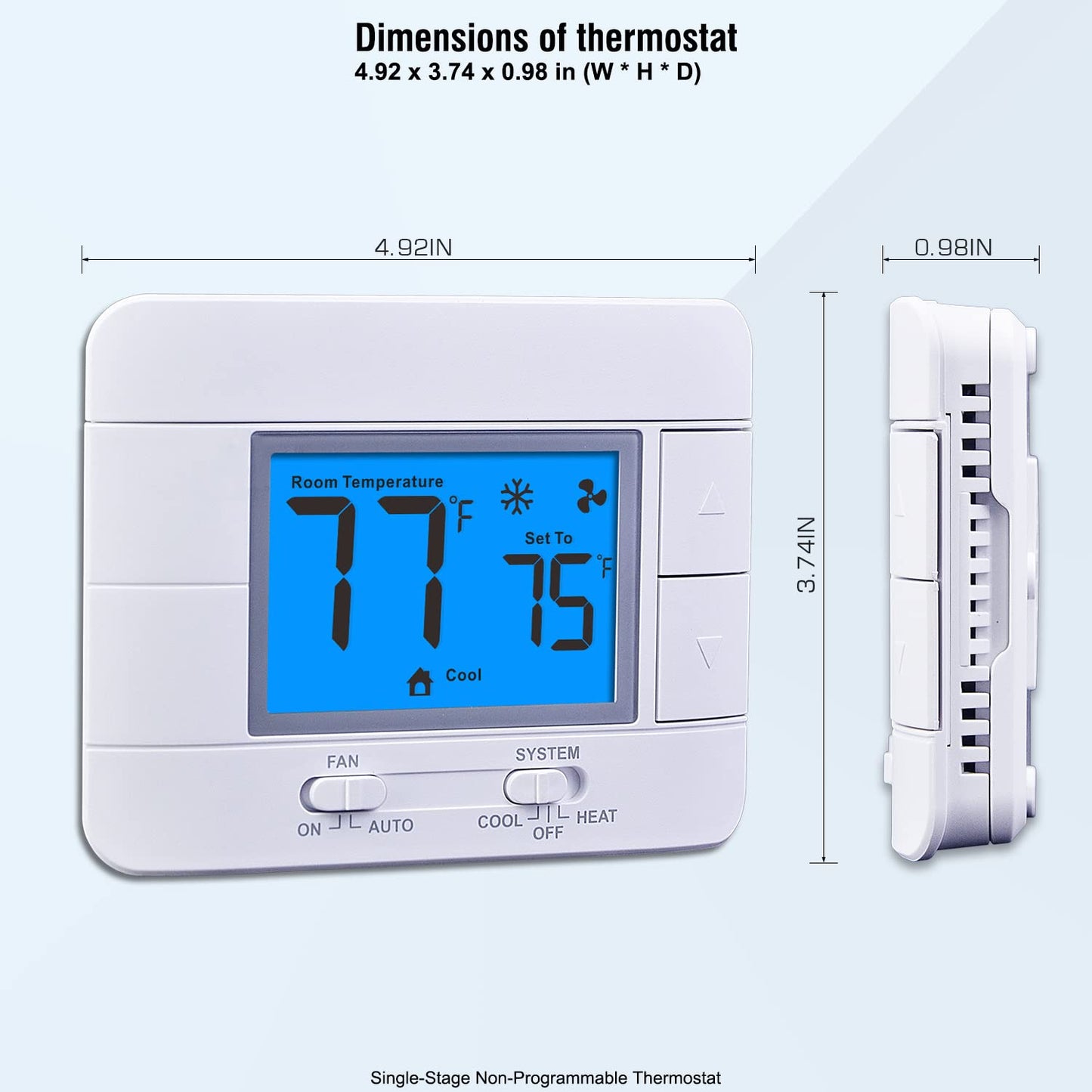 Upgraded Digital Non-Programmable Thermostat for Home 1 Heat/1 Cool Single Stage System, with Temperature & Humidity Monitor and Large Blue LCD Display