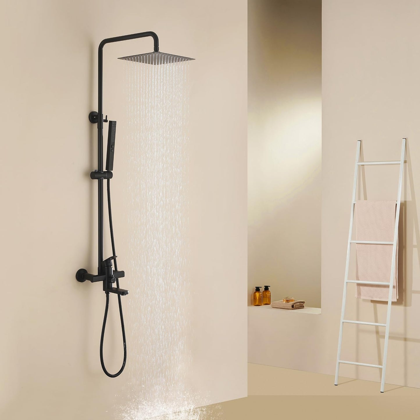 HANJAI Exposed Shower System 10" Matte Black Rainfall Shower Head with 2 Modes Handheld and Tub Faucet Set, Square Shower Head 3 Functions Outdoor Shower Fixtures with Brass Valve, Height Adjustable