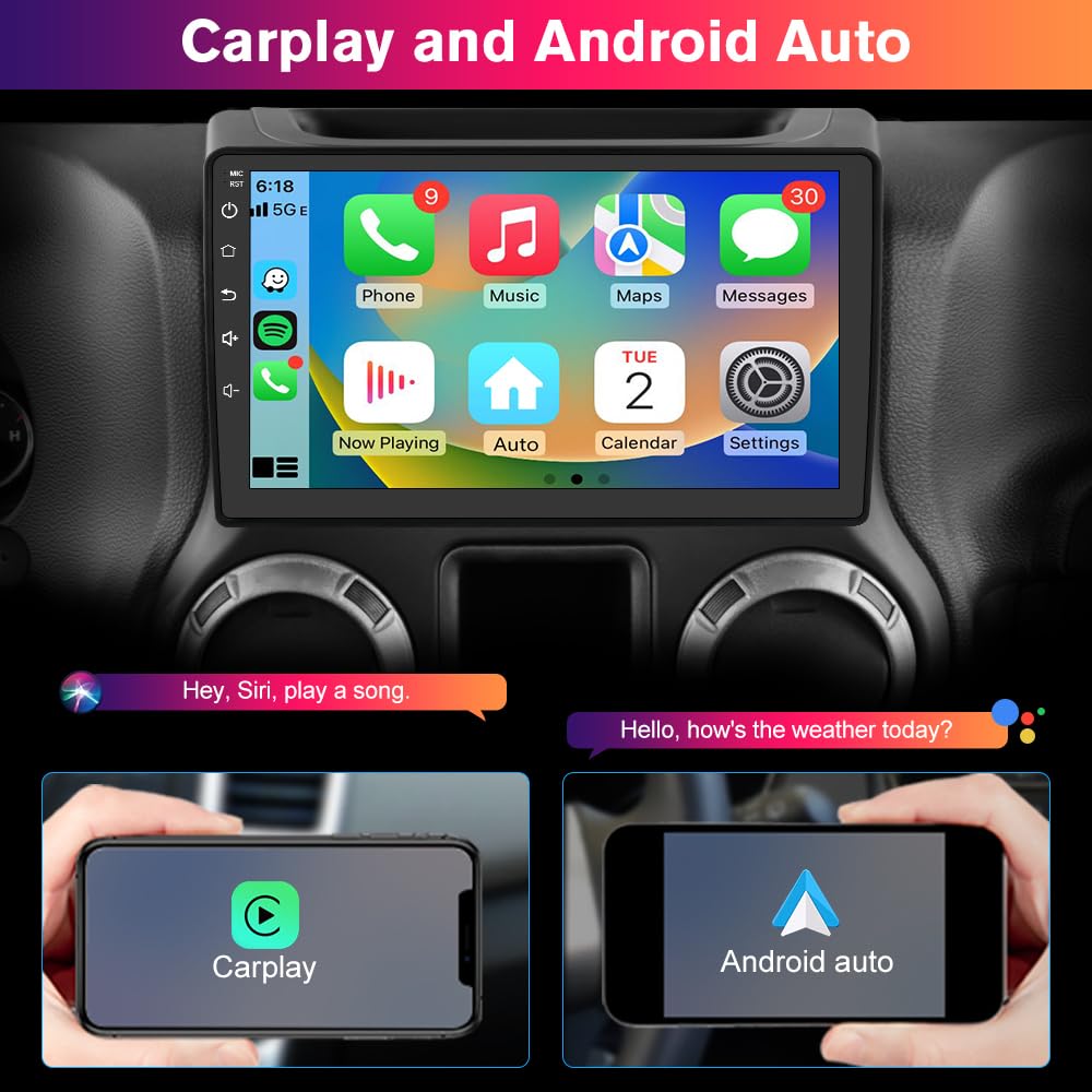 Solvitek Car Stereo for Jeep Wrangler JK 2007‑2018 / Compass/Grand Cherokee/Dodge Ram, 10.1", CarPlay & Android Auto, GPS Navigation, Bluetooth, FM/RDS, SWC, 2GB RAM+64GB ROM, Backup Camera