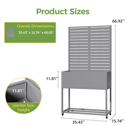 Diyfire Metal Planter Box with Trellis, 67"x35"x16"Metal Raised Garden Bed with Drainage Holes, Raised Garden Beds Outdoor, Privacy Planters Trellis for Climbing Plants, Patio,Garden, Wheels, Grey