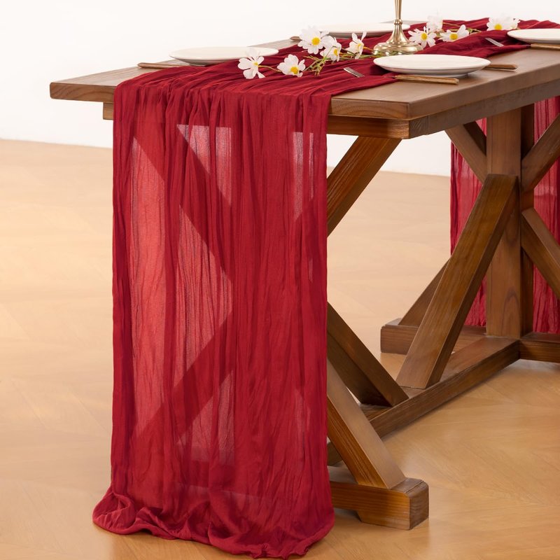 Socomi 6pcs Red Cheesecloth Table Runner Boho Rustic Gauze 120 inch 10FT Cheese Cloth Sheer Runner for Wedding Party Baby Shower Birthday Home Decor Holiday Decorations