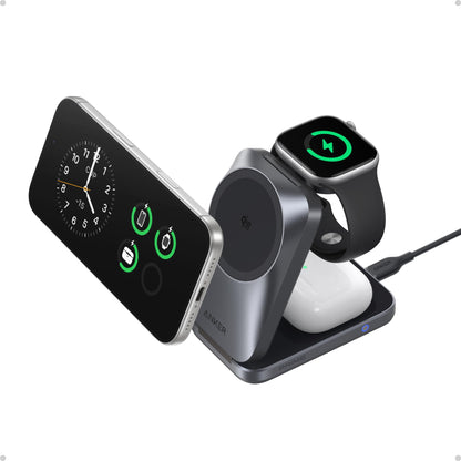 Anker Prime Foldable MagSafe Charger, 25W Qi2.2-Certified Palm-Sized Travel-Ready 3-in-1 Charging Station, AirCool Wireless Charger, for iPhone 17, Apple Watch, AirPods (Non-Battery, with Adapter)