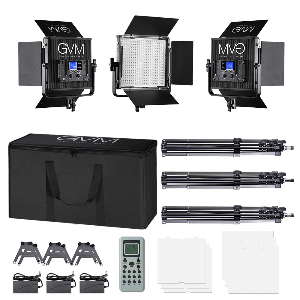 LED Video Light GVM 672S CRI97+ TLCI97+ 22000lux Dimmable Bi-color 3200K-5600K Light Panel With Digital Display For Outdoor Interview Studio Video Making Photography Lighting 3 pcs Kit