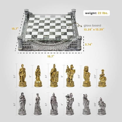 BB Brother Brother Ancient Roman Gladiators 3D Chess Board Game Set Glass Board Handmade Gold and Silver Polyresin Chess Pieces for 2 Players