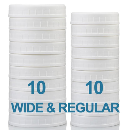AOZITA 10 WIDE Mouth & 10 REGULAR Mouth Mason Jar Lids - 20 Pack Food Grade Plastic Mason Jar Caps for Ball, Kerr and More Canning Jars - Leakproof & Dishwasher Safe - White