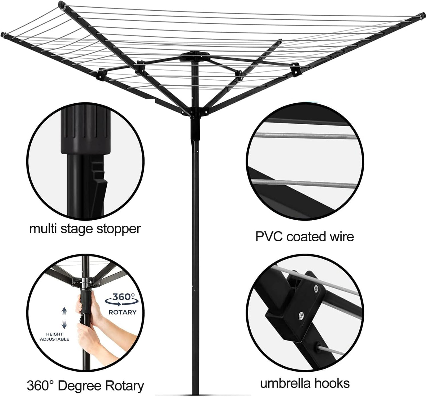 Outdoor Umbrella Clothesline, 165 Feet Heavy Duty Rotary Dryer with 12 Lines & 4 Arms, Adjustable Height Foldable Retractable Collapsible Metal Drying Rack for Backyard, Patio, Garden