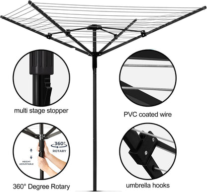 Outdoor Umbrella Clothesline, 165 Feet Heavy Duty Rotary Dryer with 12 Lines & 4 Arms, Adjustable Height Foldable Retractable Collapsible Metal Drying Rack for Backyard, Patio, Garden