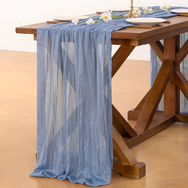 Socomi 3pcs Dusty Blue Summer Cheesecloth Table Runner Boho Rustic Gauze 120 inch 10FT Cheese Cloth Sheer Runner for Wedding Party Baby Shower Birthday Home Decor Holiday Decorations