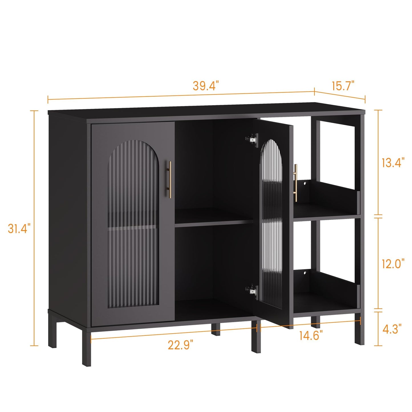 GarveeHome Glass Door Sideboard Cabinet, Modern Storage Buffet with Metal Handles and Adjustable Shelves, Solid Wood Frame Display Cabinet for Living Room, Dining Room, Kitchen, Entryway, Black