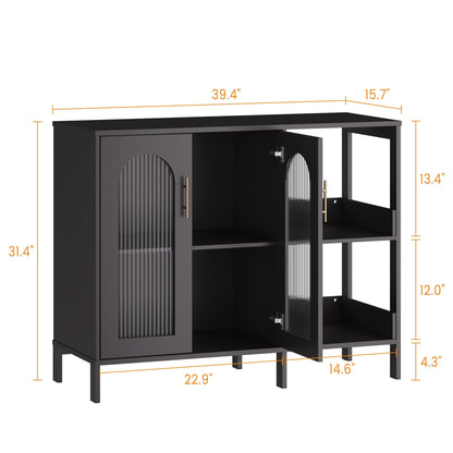 GarveeHome Glass Door Sideboard Cabinet, Modern Storage Buffet with Metal Handles and Adjustable Shelves, Solid Wood Frame Display Cabinet for Living Room, Dining Room, Kitchen, Entryway, Black