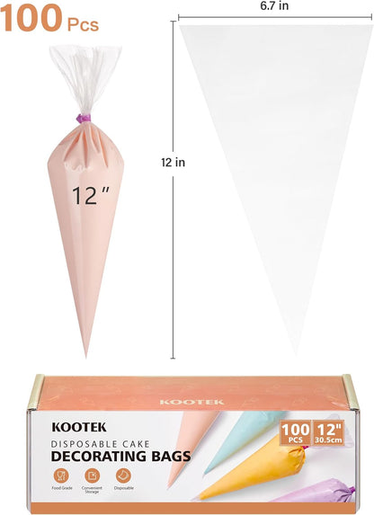Kootek 12" Disposable Piping Bags - 100 Thick Anti-Burst Icing & Cake Decorating Bags