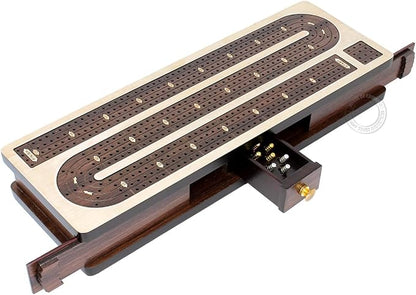 House of Cribbage - Continuous Cribbage Board Inlaid in Maple Wood/Rosewood - 4 Track - Separate Storage Space for Two Deck of Cards &amp Pegs