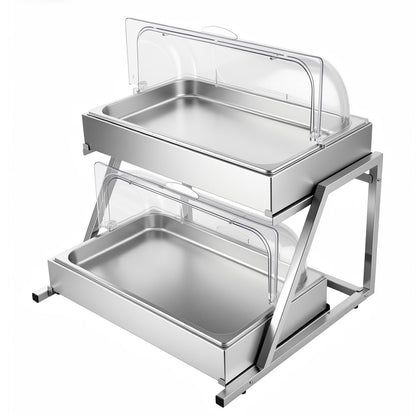 VEVOR Countertop Food Serving Display Container, 2 Tier Stainless Steel Food Salad Server Tray, Buffet Condiment Dispenser, Ice Cooled Rack with Clear Roll Top Cover, for Restaurant Hotel (1/1 Pan x2)