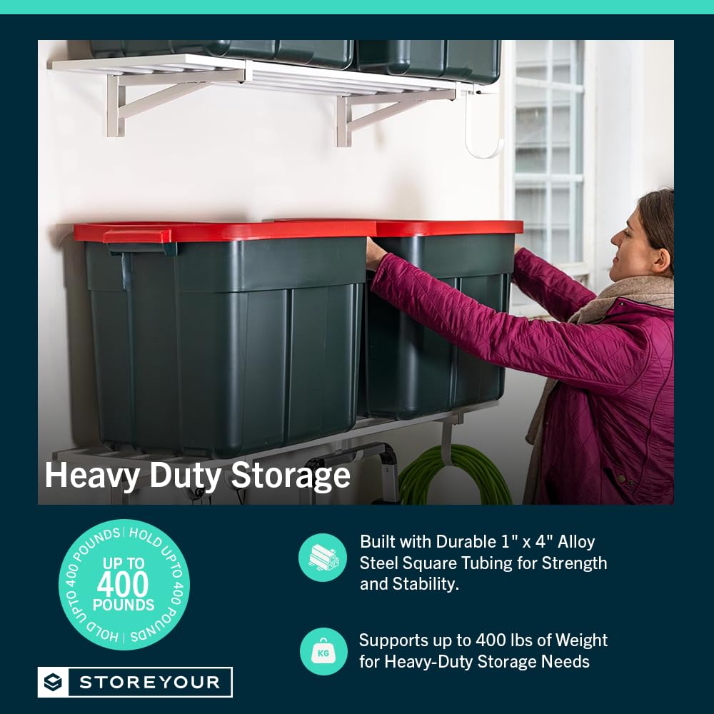 StoreYourBoard Garage Shelving Wall Mounted | 1x4 Heavy Duty Garage Wall Shelves 2-Pack, 12” Deep x 46.5” Long | Steel Wall Shelf Garage Storage Rack with Hooks, 200 lb Each / 400 lb Total, White