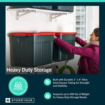 StoreYourBoard Garage Shelving Wall Mounted | 1x4 Heavy Duty Garage Wall Shelves 2-Pack, 12” Deep x 46.5” Long | Steel Wall Shelf Garage Storage Rack with Hooks, 200 lb Each / 400 lb Total, White