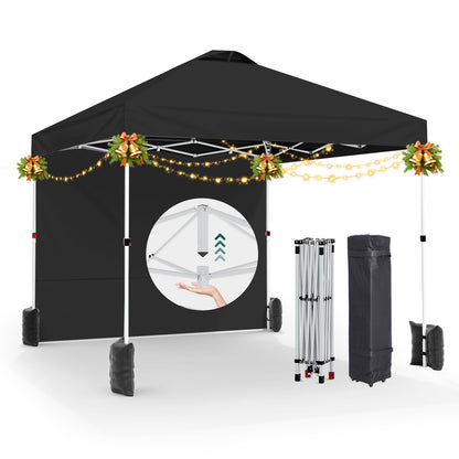 UEAKPIC 10x10 Pop Up Canopy with Sidewall, Instant Portable Outdoor Tent, UPF 50+, Waterproof, Adjustable Black Sun Shelter with Vented Roof for Party, 1 Wheel Bag, 8 Stakes, 4 Ropes, 4 Sandbags