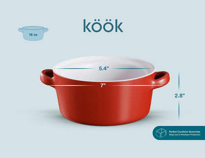 Kook Soup Crocks - Stackable Ceramic Bowls | Oven, Microwave & Dishwasher Safe | 18 oz Capacity, Set of 4 - Matte Red