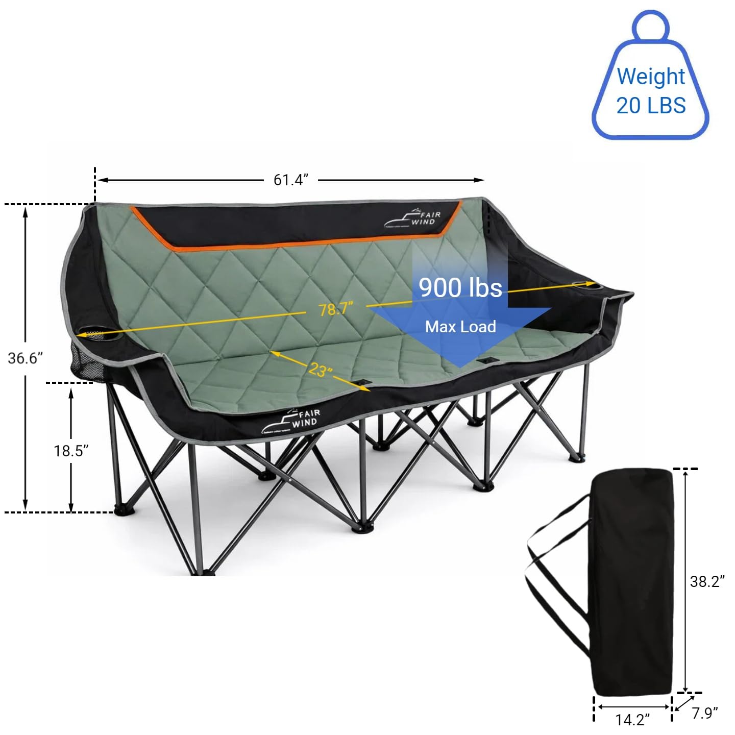 FAIR WIND Oversized 3 Person Camping Chair Padded Triple Loveseat Folding Camping Couch Duo Chair Heavy Duty Quad Fold Arm Chair with Cup Hold - Supports 900 LBS Black