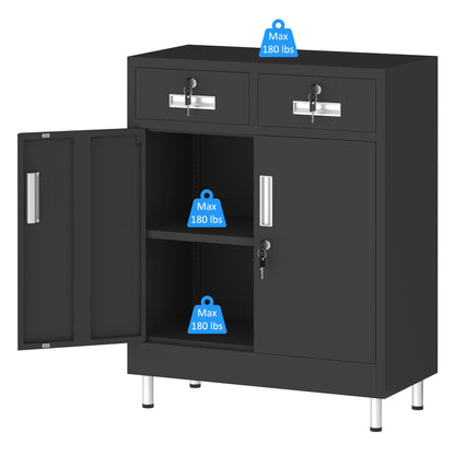 JINGUR Metal Storage Cabinet with Locking Doors and 2 Drawers, Lockable Storage Cabinet with Adjustable Shelf for Home Office Garage Entryway Pantry (Black)