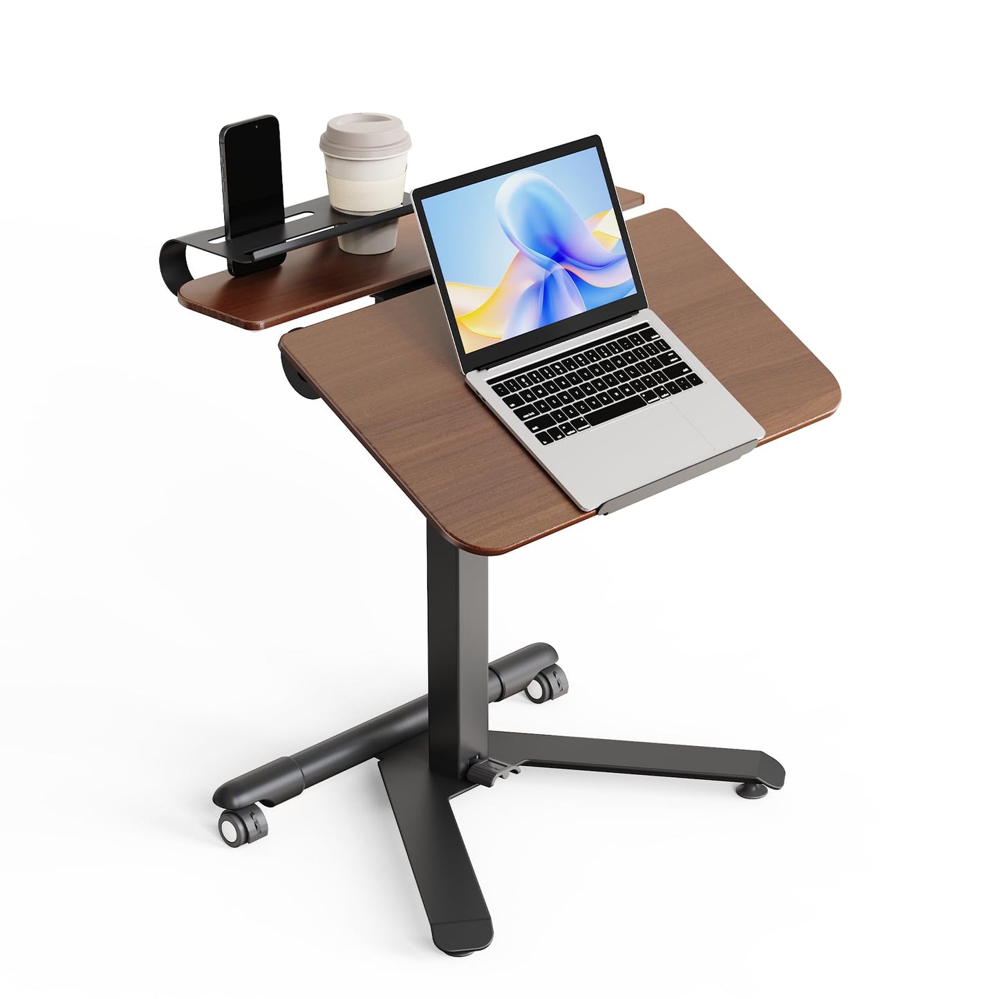 ROMOON Rolling Standing Desk with Wheels, Portable 24 inch Sit-Stand Laptop Cart with Tilt Top and Storage, Mobile Compact Workstation for Home Office and Small Spaces (Walnut)