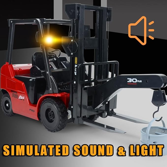 RC Forklift 11 Channel Red Remote Control Forklift 1/8 2.4G Fully Functional Construction Vehicle with Metal Carrier Slab with Lights Sound Warehouse Engineering Truck Heavy Equipment