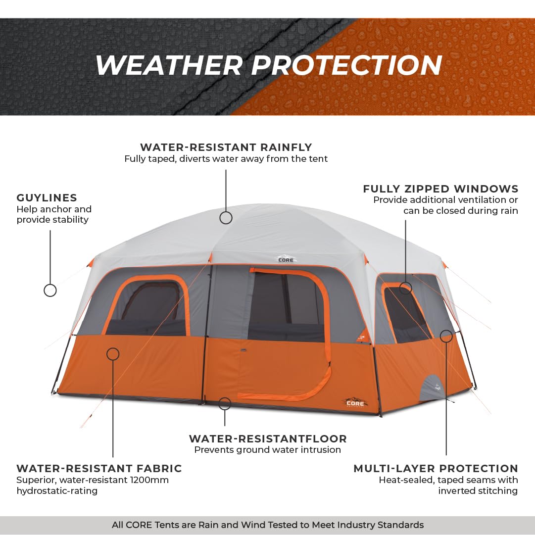 CORE 10 Person Tent | Large Multi Room Family Cabin Tent with Carry Bag for Outdoor Car Camping | Included Gear Loft Organizer for Camping Accessories