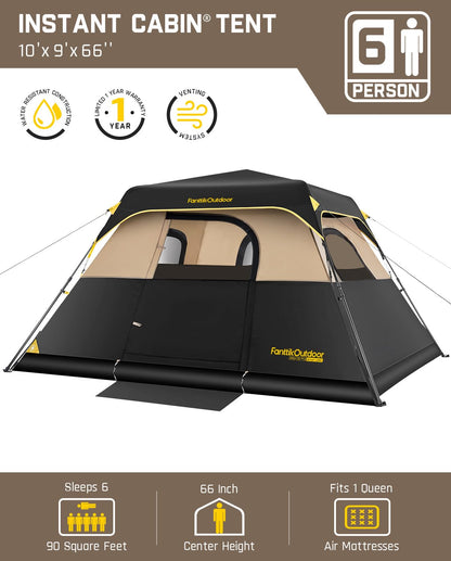 FanttikOutdoor Zeta C6 Pro Camping Tent 6 Person Instant Cabin Tent Setup in 60 Seconds with Rainfly & Windproof Portable with Carry Bag for Family Camping & Hiking, Khaki