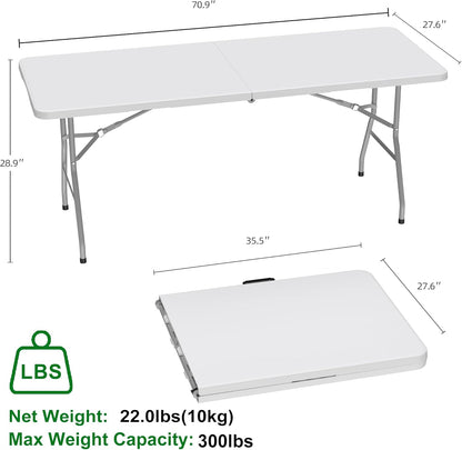 Allpop 6Ft Folding Table - Portable Plastic Dining Table with Carrying Handle for Indoor/Outdoor Use | White