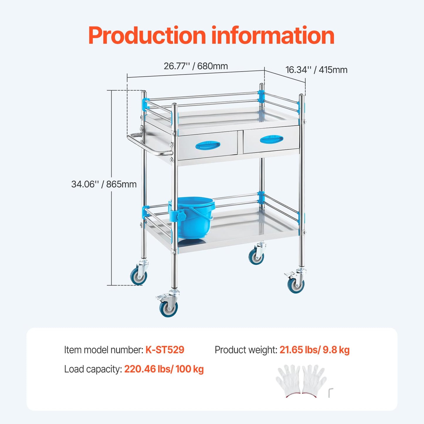 VEVOR Stainless Steel Utility Cart, 2 Layers with Two Lockable Wheels, Ideal for Laboratory, Hospital, Dental Use