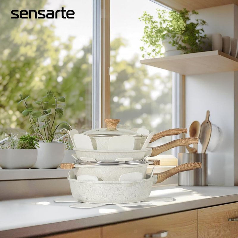 SENSARTE Nonstick Ceramic Cookware Set, 13-Piece Non-toxic Pots and Pans Set, Healthy Kitchen Cooking Set with Stay-Cool Handles, Silicone Tools and Pot Protectors, PFAS Free