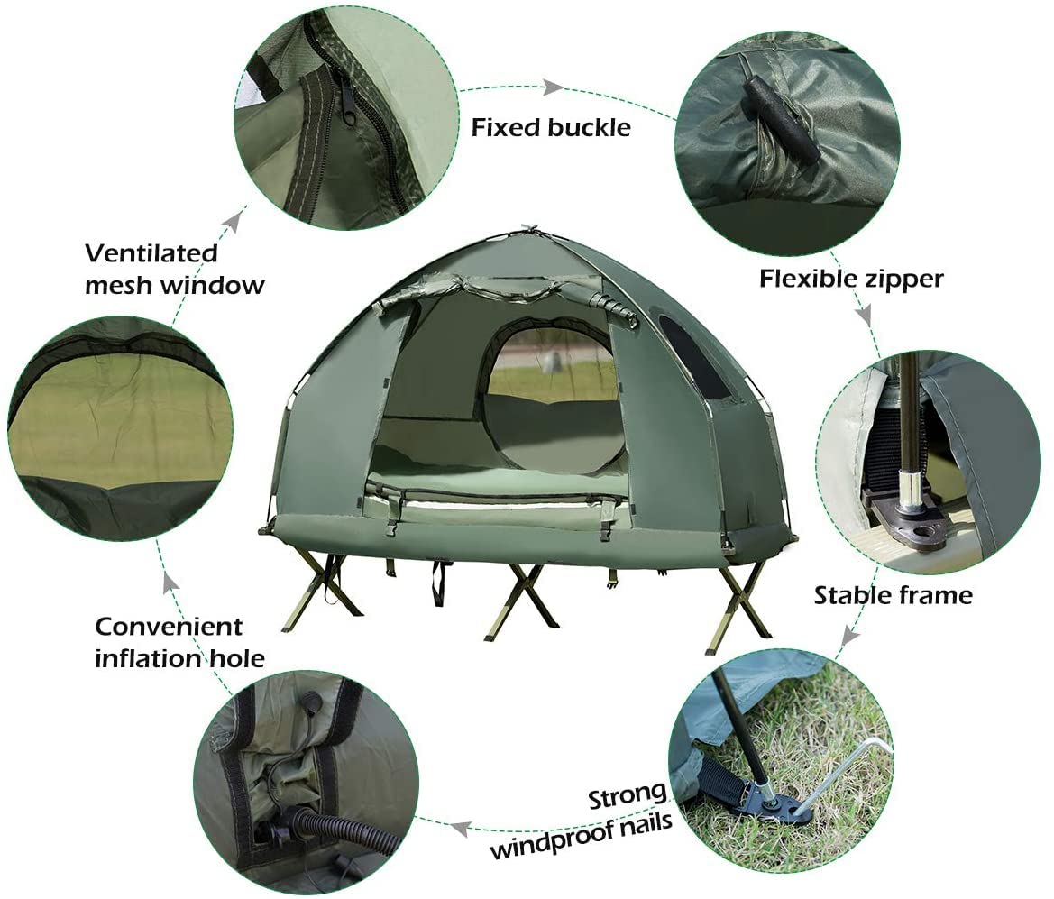 Moccha Folding Camping Tent Cot with Sleeping Bag and Air Mattress, Elevated Camping Tent with Carry Bag for Outdoor Activity, Hiking, Picnic (1-Person)