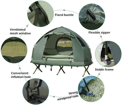 Moccha Folding Camping Tent Cot with Sleeping Bag and Air Mattress, Elevated Camping Tent with Carry Bag for Outdoor Activity, Hiking, Picnic (1-Person)