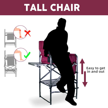 Foristrail 30" Tall Directors Chair with Side Table, 400LBS Bar Height Folding Camping Chair for Makeup Artists, Outdoor Events, Portable Foldable Chair with Cup Holder & footrest - Light Wine Red