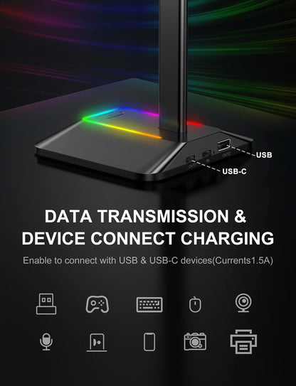 New bee RGB Headphone Stand with 1 USB-C Charging Port and 1 USB Charging Port, Desk Gaming Headset Stand with 7 Light Modes for All Earphone Accessories (Black)