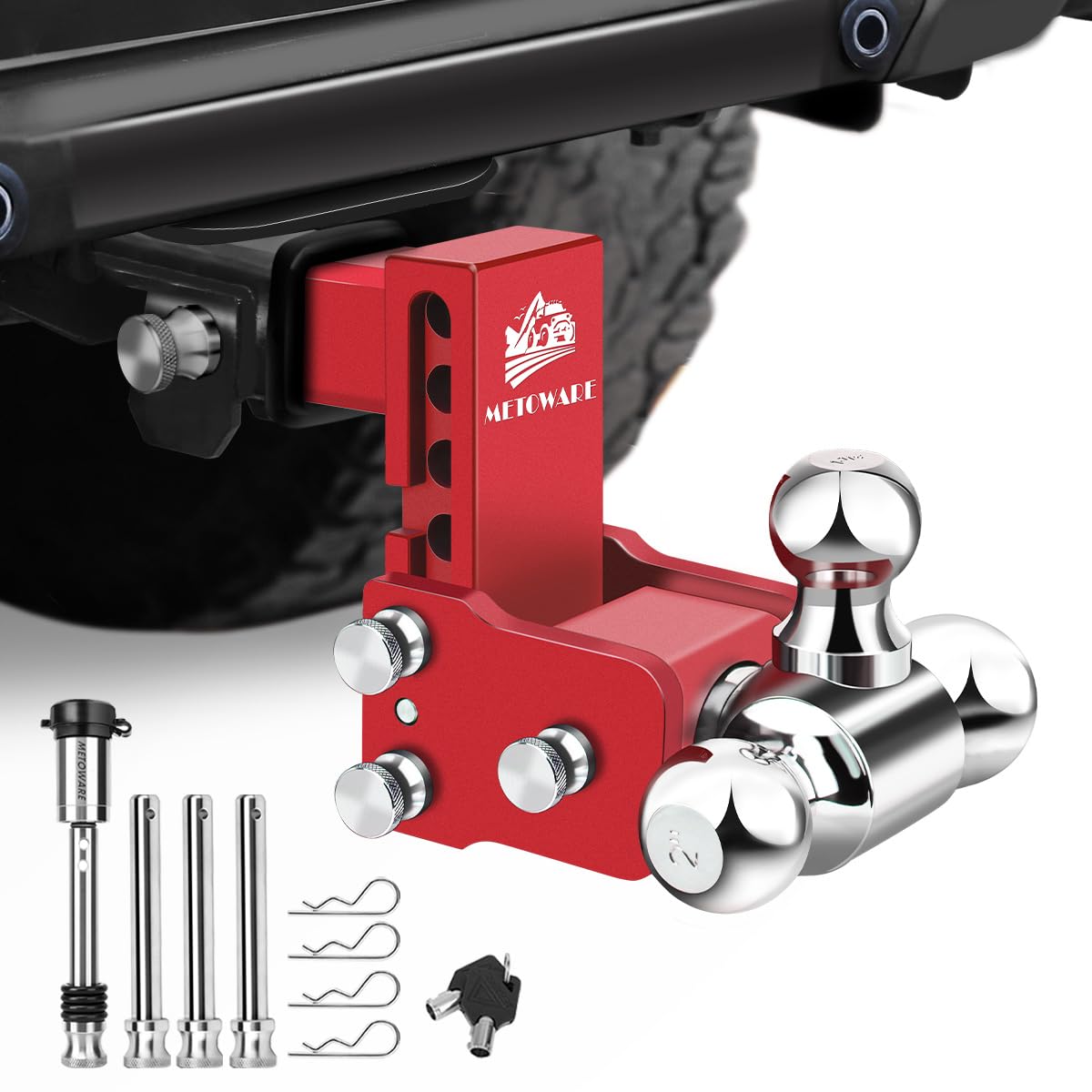 METOWARE Adjustable Trailer Hitch for 2" Receiver - 14,000 LBS GTW Heavy Duty Drop Hitch, 4" Drop/Rise, Tri-Ball (1-7/8" 2" 2-5/16") STOWABLE & Secure Design with Anti-Theft Hitch Lock, Red