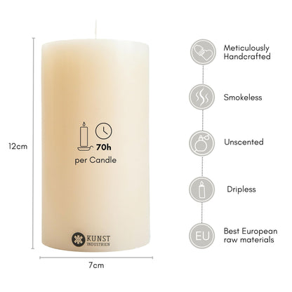 Pillar Candles, Handmade in Europe, 4 Pack – RSPO Certified, Dripless & Smokeless Velas, Long Burning Candles 70 Hours per Large Candle, Unscented Candle Set (4 pcs, Ø 2.8 in x H 4.7 in, Off-White)