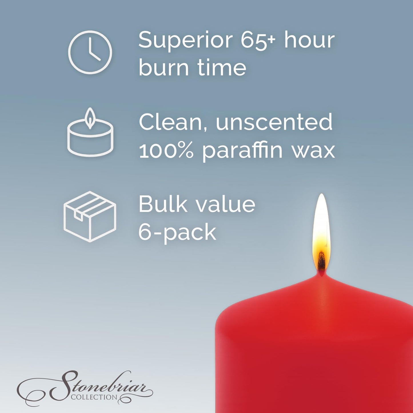 Stonebriar Unscented Pillar Candles – 65 Hour Burn Time, Long-Lasting Wax Candles for Weddings, Holidays, Home Décor & Special Events, Pack of 6, Red, 3" x 6"