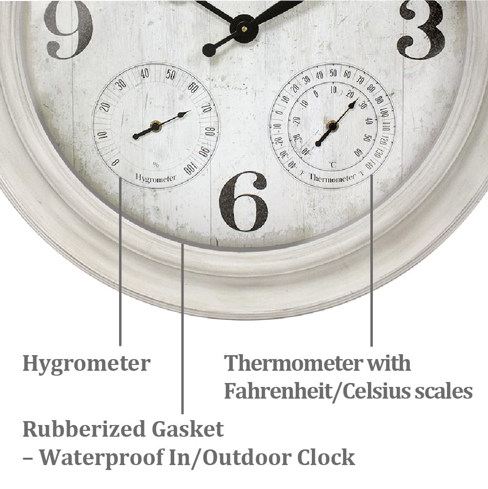 Presentime & Co. 26" Clifton in/Outdoor Farmhouse Clock with Thermometer & Hygrometer as All in One Weather Station, Farmhouse Wall Art and Timepiece for Home Decoration, Weathered White Finish
