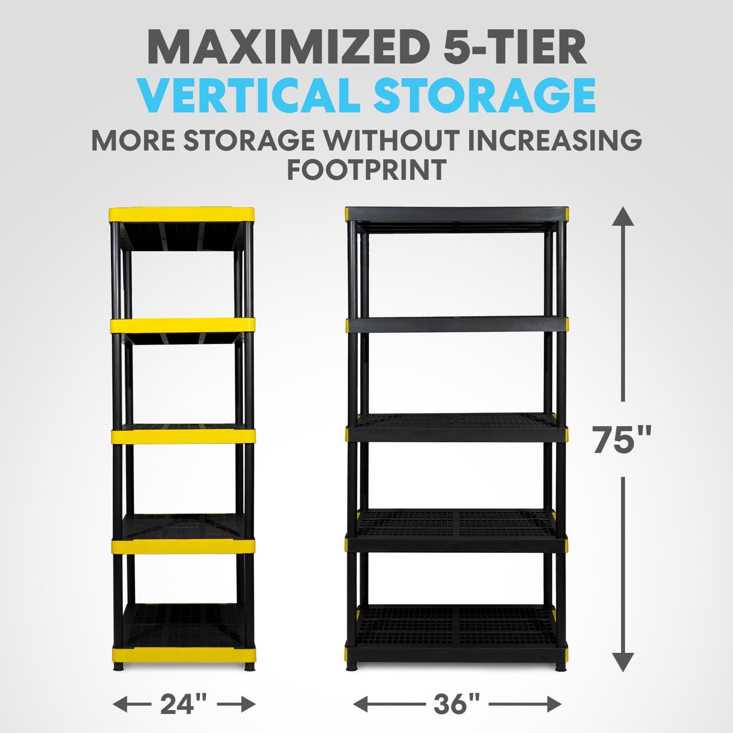 Simpli-Magic 5-Tier Heavy Duty Plastic Storage Shelving Unit, Garage & Outdoor Organizer, Modular Rack, 36 x 24 x 75 Inches, 250 lbs per Shelf, 1250 lbs Total Capacity